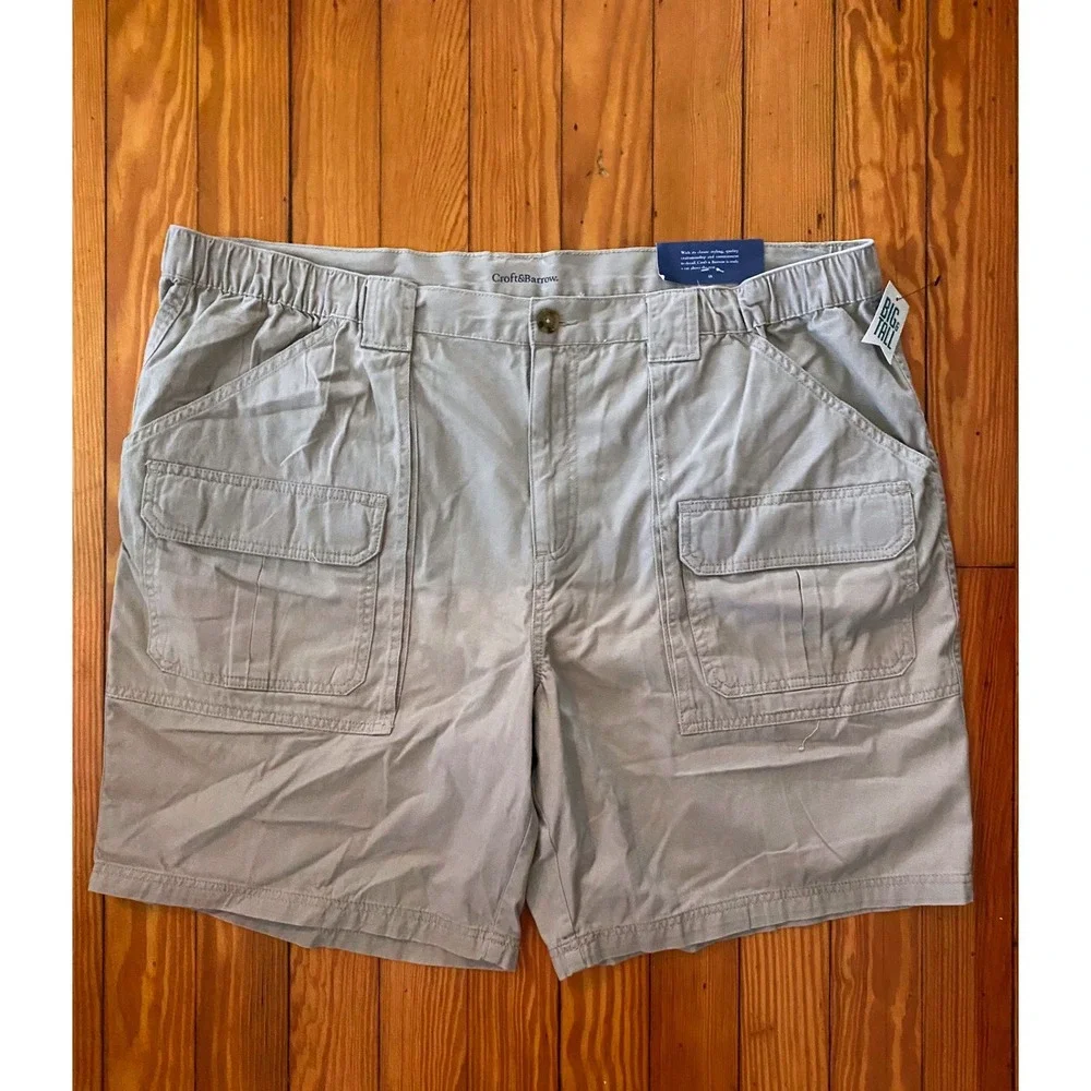NWT Croft & Barrow Mens Big & Tall Side-Elastic Cargo Shorts Tan Khaki Cotton 48